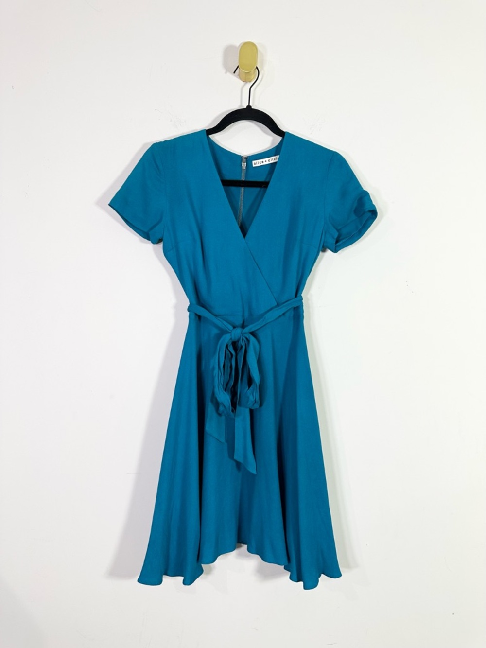 Alice + Olivia Teal Blue Short Sleeve V-Neck A-Line Mini Dress